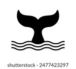 Whale tail with waves icon. Dolphin, orca, beluga or another marine mammal sign. Black cetacean animal fin silhouette isolated on white background. Ocean beast symbol. Vector graphic illustration.
