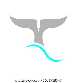 Whale tail with waves icon. Dolphin, orca, beluga or another marine mammal sign. Black cetacean animal fin silhouette isolated on white background. Ocean beast symbol. Vector graphic illustration.