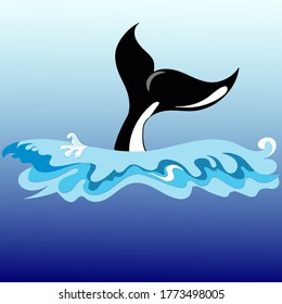 Cola de ballena en las olas del océano. Icono de caricatura. Ilustración del vector