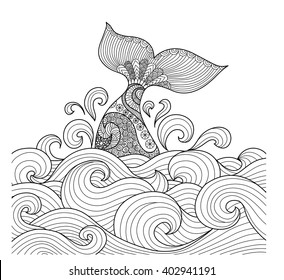 Whale tail in the wavy ocean lines art for adult coloring book,sign, logo, T-shirt, card and design elelment