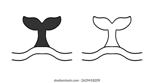 Whale Tale Icon ocean animal, mammal tail line sketch. Vintage simple silhouette with waves. Minimalistic simple tattoo drawing. 