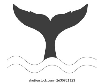 Whale Tale Icon ocean animal, mammal tail line sketch. Vintage simple silhouette with waves. Minimalistic simple tattoo drawing. 