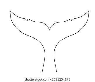 Whale Tale Icon ocean animal, mammal tail line sketch. Vintage simple silhouette with waves. Minimalistic simple tattoo drawing. 