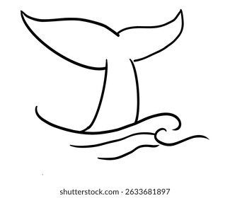 Whale Tale Icon ocean animal, mammal tail line sketch. Vintage simple silhouette with waves. Minimalistic simple tattoo drawing. 