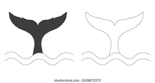 Whale Tale Icon ocean animal, mammal tail line sketch. Vintage simple silhouette with waves. Minimalistic simple tattoo drawing. 