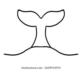 Whale Tale Icon ocean animal, mammal tail line sketch. Vintage simple silhouette with waves. Minimalistic simple tattoo drawing. 