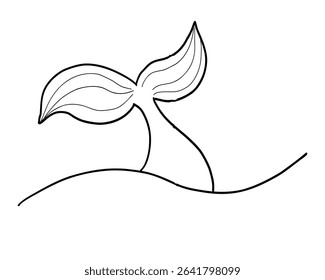 Whale Tale Icon ocean animal, mammal tail line sketch. Vintage simple silhouette with waves. Minimalistic simple tattoo drawing. 
