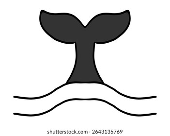 Whale Tale Icon ocean animal, mammal tail line sketch. Vintage simple silhouette with waves. Minimalistic simple tattoo drawing. 