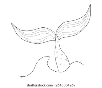 Whale Tale Icon ocean animal, mammal tail line sketch. Vintage simple silhouette with waves. Minimalistic simple tattoo drawing. 
