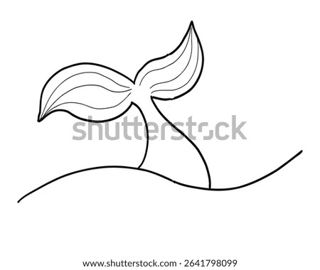 Whale Tale Icon ocean animal, mammal tail line sketch. Vintage simple silhouette with waves. Minimalistic simple tattoo drawing. 