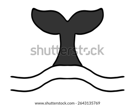 Whale Tale Icon ocean animal, mammal tail line sketch. Vintage simple silhouette with waves. Minimalistic simple tattoo drawing. 