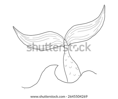 Whale Tale Icon ocean animal, mammal tail line sketch. Vintage simple silhouette with waves. Minimalistic simple tattoo drawing. 