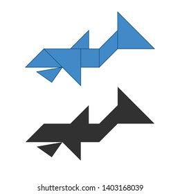 Whale Tangram. Traditional Chinese dissection puzzle, seven tiling pieces - geometric shapes: triangles, square rhombus , parallelogram. Board game for kids that helps to develop analytical skills