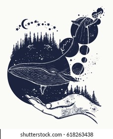 Whale tattoo art. Symbol of a dream, freedom, travel, imagination, meditation. Whale flies by over forest t-shirt design 