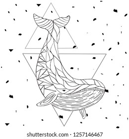 Whale tattoo geometric style. Geometric marine animal poster. Scandinavian style. Postcard, poster. Vector illustration
