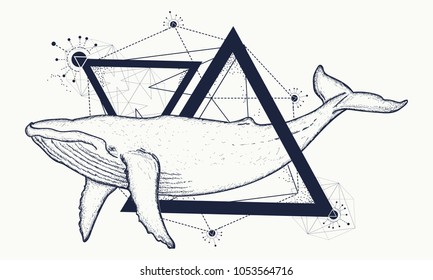 Whale tattoo geometric style. Mystical symbol of adventure, dreams. Travel, adventure, outdoors symbol tattoo 
