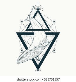 Whale tattoo geometric style. Mystical symbol of adventure and dreams