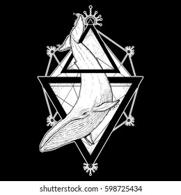 Whale tattoo geometric style. Mystical symbol of adventure, dreams. Creative geometric whale tattoo art t-shirt print design poster textile. Travel, adventure, outdoors symbol 