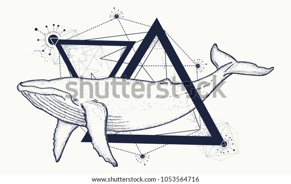 Whale tattoo\
geometric style. Mystical symbol of adventure, dreams. Travel,\
adventure, outdoors symbol tattoo\

