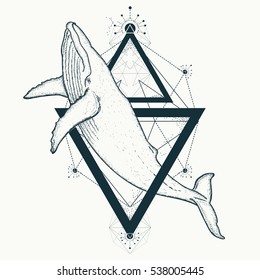 Whale tattoo geometric style. Travel, adventure, outdoors symbol marine. Creative geometric art t-shirt print design poster textile 