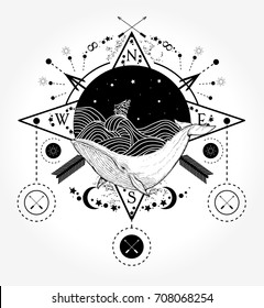 Whale tattoo for hipsters. Water waves in the sea marine. Travel, adventure, outdoors symbol 