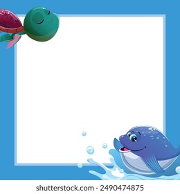 Whale and turtle around a square frame. Copy space, banner, template for web advertisement, announcement, social media post