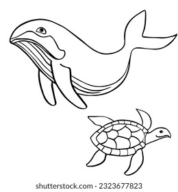 whale, turtle linear black and white image for coloring