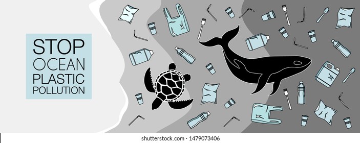 Whale and turtle in water with plastic waste. Stop ocean plastic pollution. Ecological Cover, Poster, Flyer, Brochure.  Flat style. Vector illustration. Dirty ocean with trash and plastic on water