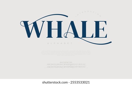 Whale typography beauty fashion elegant minimalist serif italic fonts decorative wedding vintage retro logos. Minimal luxury font alphabet logo. Vector illustration