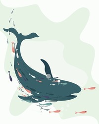 Whale Under The Sea, Whale Swimming With Her Calf. Colorful Whale Calves