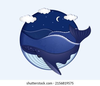 Whale under water against the background of the night sky with clouds, stars and the moon. Underwater world concept in origami style. Vector illustration in paper cut style. 