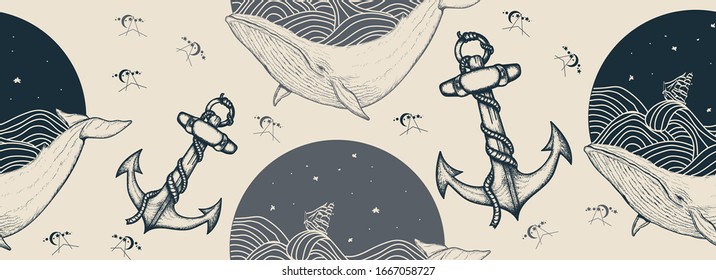 Whale under water and sea anchor, seamless pattern. Packing old paper, scrapbooking style. Vintage background. Medieval manuscript, engraving art 