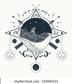 Whale under water tattoo art whale in the sea graphic style. Ship storm waves. Travel, adventure, outdoors, tattoo symbol 