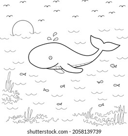 whale underwater garden fish seaweed coral reef sand coloring page sheet book for children kids