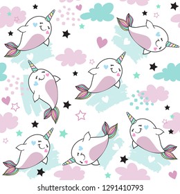 Whale unicorn in the clouds on a white background seamless pattern