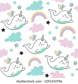 Whale unicorn in the clouds seamless pattern