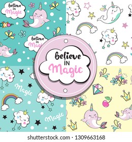 Whale unicorn with clouds seamless pattern collection