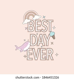 whale unicorn ice cream star sky rainbow cloud glitter shine text black and white line young tee illustration art vector