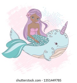 WHALE UNICORN mermaid walking while riding a whale unicorn