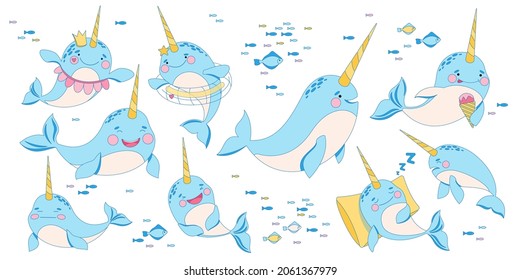 Whale unicorn. Narwhal or underwater unicorn characters with fishes and starfishes. The cute whale with funny faces. Vector illustration isolated on white background. Objects for your design.