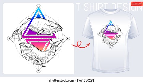 Whale vector. Geometric sea whale art. Ocean t shirt design. Surreal illustration. Graphic geometry poster with triangle logo for t-shirt. Free Hipster concept. Freedom adventure dream. Boy girl print