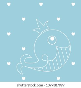 Whale vector icon. Cute little whale line icon with heart on blue background.