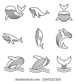 whale vector illustration collection. line art, silhouette, simple and sketch concept. used for icon, logo, symbol, sign, print, drawing book, or coloring. editable stroke