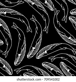 Whale vector illustration. Doodle style. Design icon, print, logo, poster, symbol, decor, textile, paper, card. 