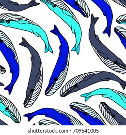 Whale vector illustration. Doodle style. Design icon, print, logo, poster, symbol, decor, textile, paper, card. 