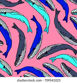 Whale vector illustration. Doodle style. Design icon, print, logo, poster, symbol, decor, textile, paper, card. 