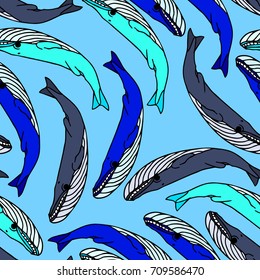 Whale vector illustration. Doodle style. Design icon, print, logo, poster, symbol, decor, textile, paper, card. 