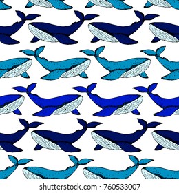 Whale vector illustration. Doodle style. Design, print, logo, decor, textile, paper