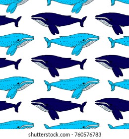 Whale vector illustration. Doodle style. Design, print, logo, decor, textile, paper