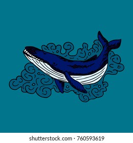 Whale vector illustration. Doodle style. Design, print, logo, decor, textile, paper